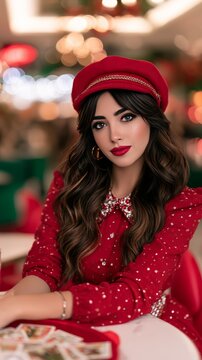 Elegant woman in rich red traditional attire gazes directly