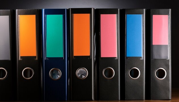 row of black binders with colorful spines illuminated from within