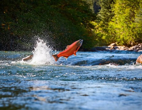 sockeye salmon leaping from river during annual spawning migration