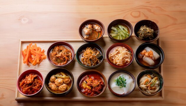 a grid of twelve different ceramic banchan dishes filled with colorful side dishes creating a pattern surface light natural wood dishes include kongnamul japchae kimchi gamja jorim myeolchi b
