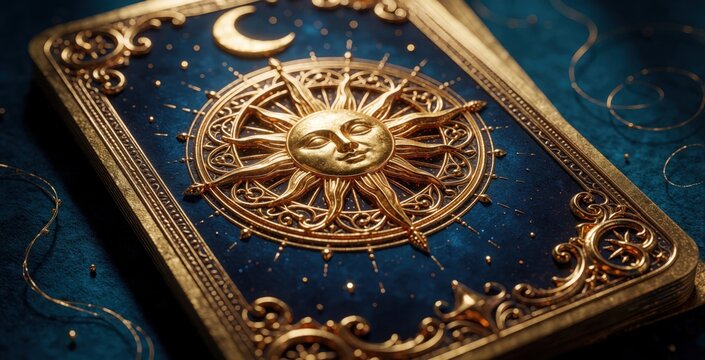 Close up of golden tarot card with sun symbol on blue background. Ornate luxury deck featuring mystical sun, moon design. Esoteric divination tool for fortune telling, magic rituals, spiritual