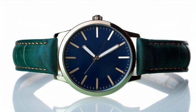 a green strap watch with a dark blue face and white hands is shown