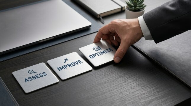 Male hand placing metal tiles labeled assess improve and optimize on dark wooden office desk with laptop