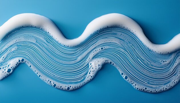 white soap foam or detergent suds with various bubble sizes forming a wavy pattern against a clean solid blue background ideal for hygiene cleaning and laundry concept designs