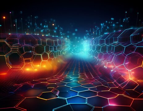 abstract hexagonal grid on dark background with colorful lights digital tech network concept