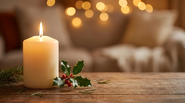Glowing white pillar candle with green holly leaves and red berries on rustic wooden table, set against warm golden bokeh lights background for cozy Christmas atmosphere with copy space.