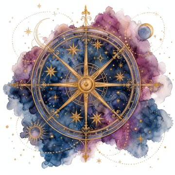 Golden Wheel Of Stars Turning On Axis Tarot Watercolor Art