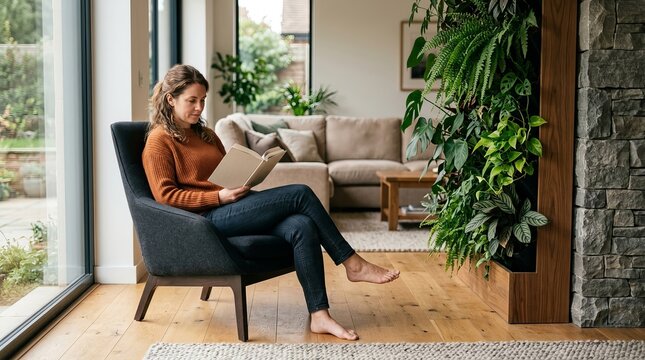 Woman comfortably reading a book while relaxing in a modern armchair near a large window with a lush indoor vertical garden displaying vibrant green plants and a stone wall texture.