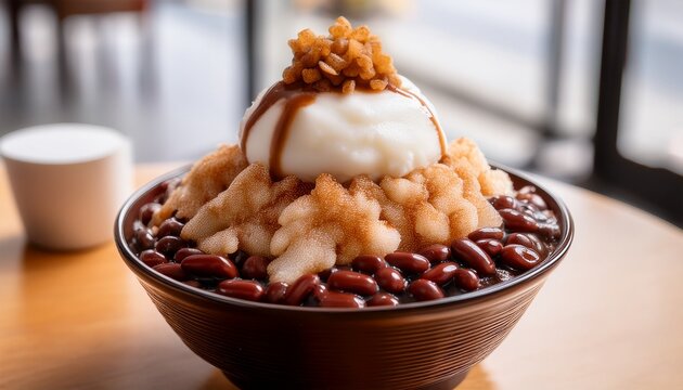 detailed texture of milk based shaved ice in a modern patbingsu topped with a mountain of glossy sweet red beans and chewy tteok rice cake cubes aesthetic clean bright cafe
