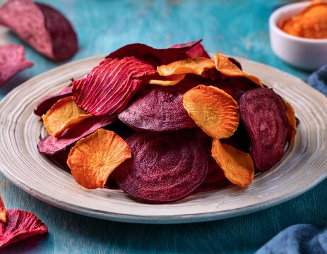 vibrant beet and sweet potato chips pile