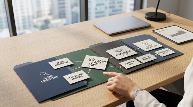 Client discovery and strategy formulation process depicted on folders and sticky notes