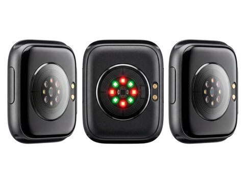 Smartwatch back optical biometric sensor showing glowing red and green LED lights for health tracking on black background, showcasing wearable technology, fitness monitoring, and modern digital design