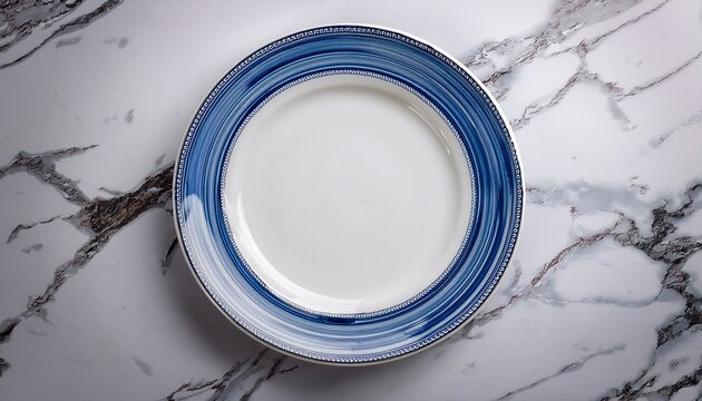 flat lay overhead view of a white plate with blue decorative rim on white marble surface with veins
