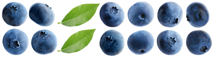 Blueberries and green leaves isolated on white, set. Fresh berry © New Africa