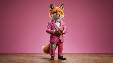 Fototapeta premium Anthropomorphic fox in pink polka dot suit and bow tie