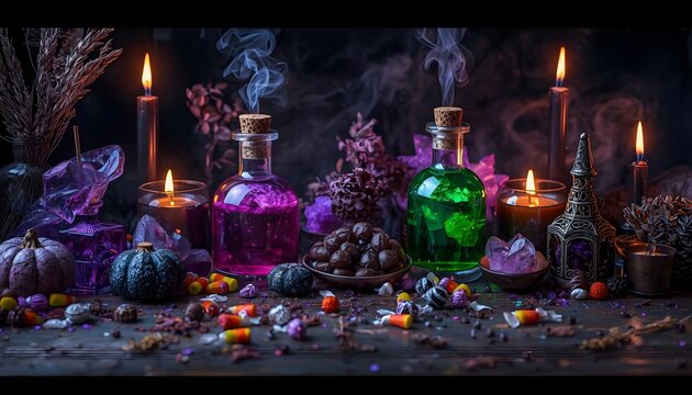 Halloween magic potion bottles with smoke and candies halloween witchcraft
