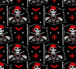 Fototapeta premium Halloween Pirate Skull Seamless Pattern with Witch Broom and Spooky Bats Vector Illustration