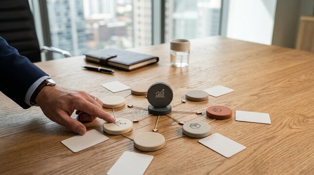 Circular business strategy network model with icons on wooden table for project management visualization