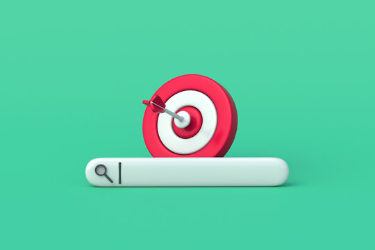 Targeted internet search. Finding the optimal online marketing strategy. Sports training program research. Query bar in front of bullseye. 3d render