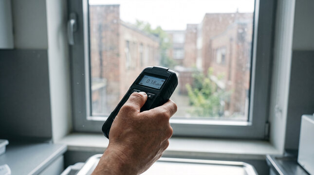 Hand holding radiation meter measuring radioactivity indoors near window