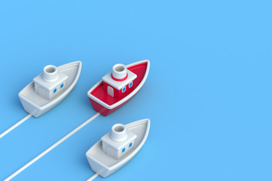 Strategic leadership. Business rivalry. Team leader. Competitive advantage. Corporate guidance. Creating new opportunities. Outperforming competitors. Red boat ahead of two white ones. 3d render