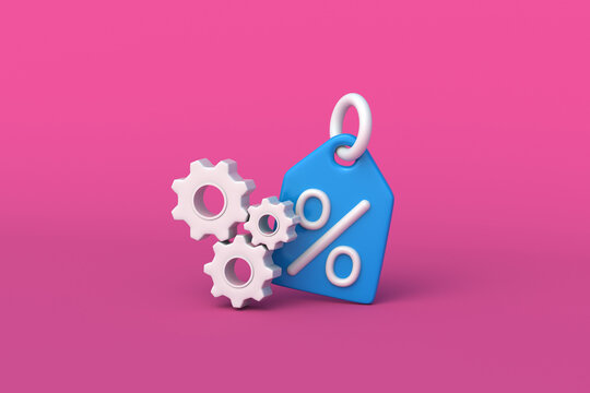 Automated discount system. Pricing mechanism. Cashback settings. Economic engine. Inflation adjustment. Cost optimization. Price tag with percent symbol beside gears. 3d render