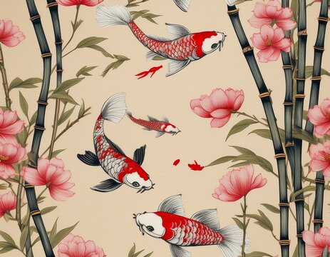 seamless pattern featuring traditional ink wash painting style with bamboo stalks koi fish and cherry blossom petals on beige paper