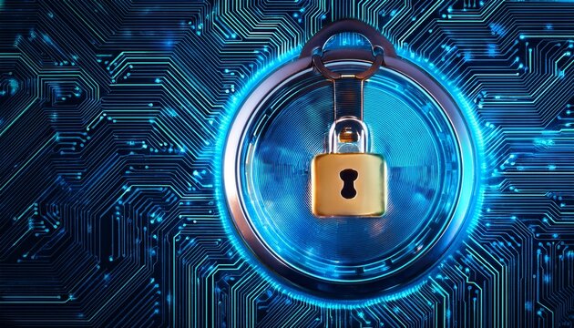 digital id badge secured with a glowing lock on a circuit board