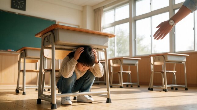 Child hides under desk during earthquake drill in classroom. Teacher offers support. Safety training in school prepares for disaster. Drop cover hold on.