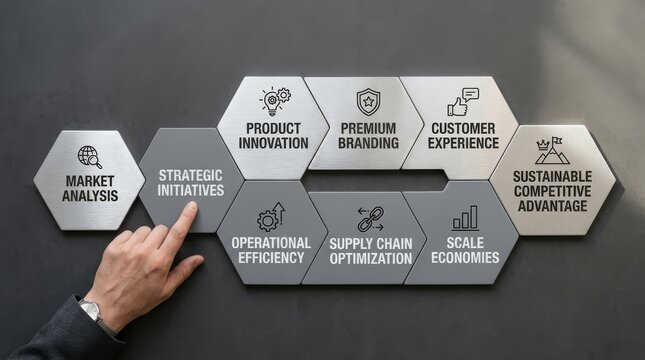 A business professional's hand points at strategic initiatives displayed on a grey and silver hexagonal infographic, outlining key business strategies for growth and competitive advantage
