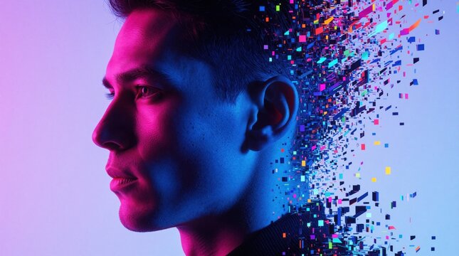 Man profile disintegrates into colorful digital pixels. Futuristic abstract portrait with vibrant neon lights. Concept of data transformation and identity merging with cyber world.