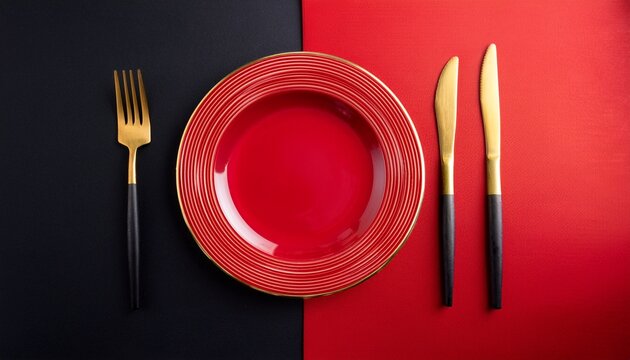 empty red plate with gold fork and knife on a black and red background