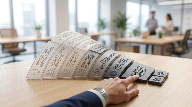 A business professional's hand points at the 'focused action' step on a transparent, layered funnel infographic, illustrating stages from opportunity identification to execution in an office