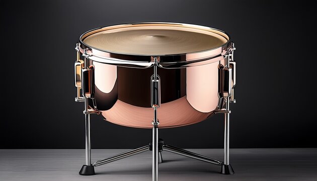 professional timpani with polished rose gold outer shell detailed tension rods and robust black pedestal stand