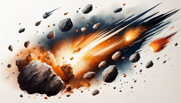 meteorites colliding and exploding scattered on a white background