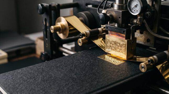 Close-up of hot foil stamping machine embellishing a book cover with gold