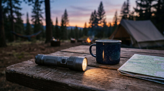 Flashlight, Camping Mug and Map on Wooden Table at Forest Campsite