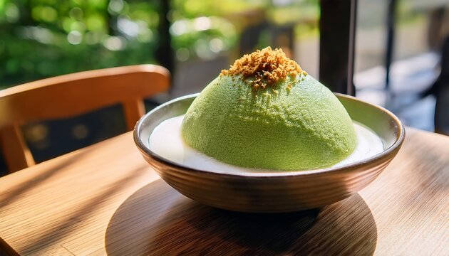 a sleek korean cafe table featuring patbingsu and a vibrant green injeolmi soybean powder bingsu pastel accents natural sunlight