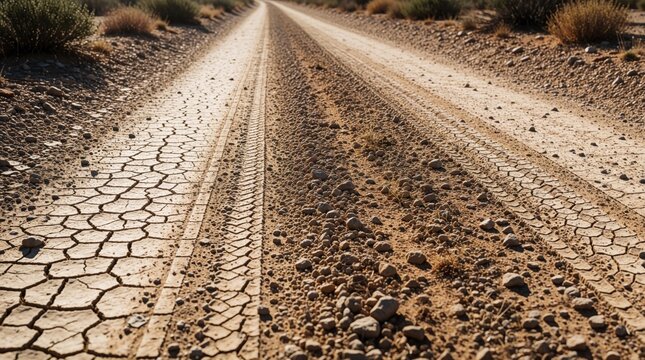 Sandy dirt road stretches into distance, marked by cracked dry earth and tire tracks. Sparse desert scrub borders the rough bumpy pathway leading through arid landscape.