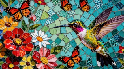 Obraz premium Vibrant mosaic art features hummingbird in flight surrounded by colorful flowers, monarch butterflies. Detailed glass tiles create stunning natural scene for decorative purposes. Artwork brings