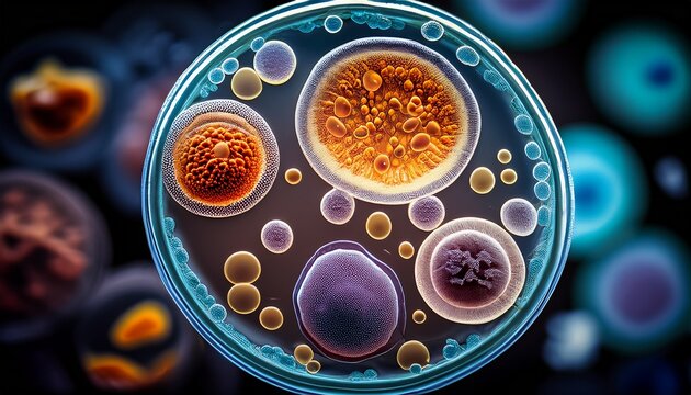 a close up view of animal cells under a microscope showing round cell membranes nuclei and cytoplasm for educational purposes