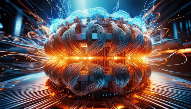 close up of illuminated coils in fusion reactor with electric sparks