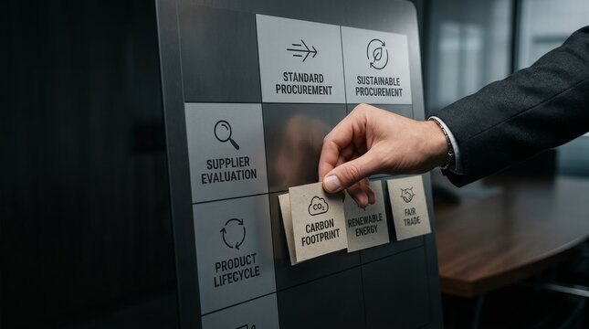 Businessman placing carbon footprint card on sustainable procurement board