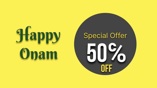 Happy Onam special offer 50 percent off typography animated video. Traditional Onam festival conceptual text moving footage.
