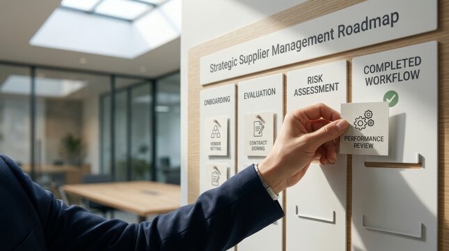 Business professional moving performance review card on strategic supplier management roadmap board in modern office setting