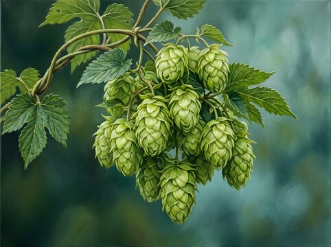 A lush cluster of fresh green hop cones hanging from a vine with detailed leaves