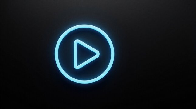 Bright neon blue play button icon glows on dark background. Digital interface element signifies start, action, or video playback. Modern minimal design for web or app.