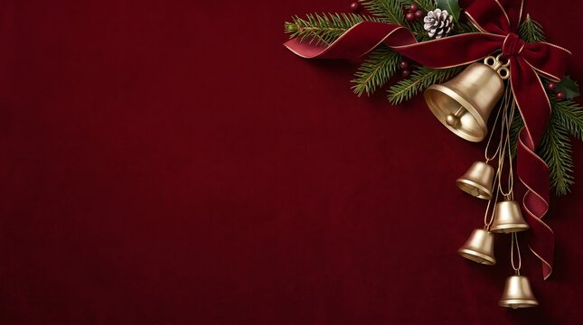 Elegant christmas background with golden bells and festive pine branches on a deep dark red backdrop
