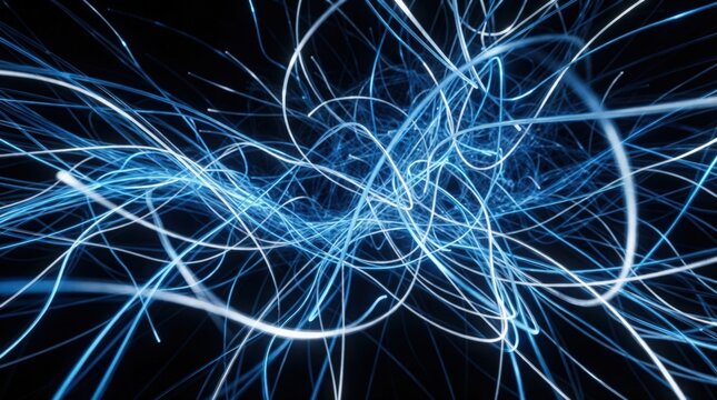Bright blue glowing lines forming tangled abstract energy network background design.