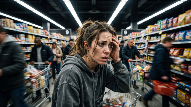 Overwhelmed woman with hand on forehead in busy supermarket aisle